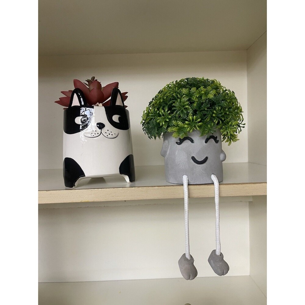 Set of 2 Cute Artificial Plants Smiley & Cat Planter Small Pot for Succulents